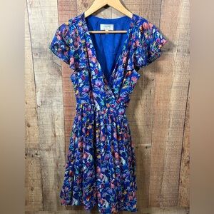 Anthropologie Silk Floral Wrap Dress‎ Size 8 Moulinette Soeurs Cobalt Blue Slip